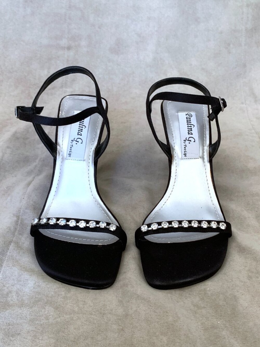 Vintage 2000s Y2K Paulina G Two Lips Black Satin Strappy Rhinestone Heels Size 7